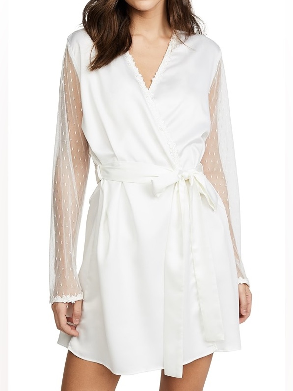 Flora Nikrooz Showstopper Charmeuse Robe with Lace - Ivory - Size M
